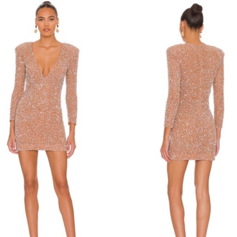 Retrofete Pamela Plunging V Neckline Nude Sequin Long Sleeve Mini Dress Size S